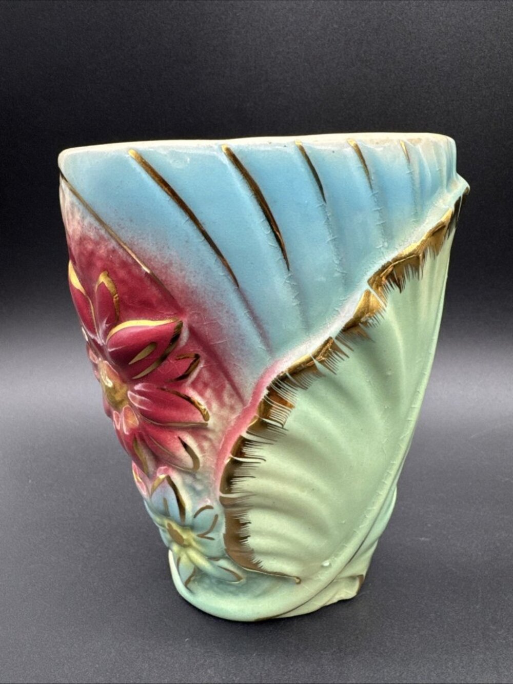Vintage Art Nouveau Floral Leaf Gold Ceramic Wall Pocket